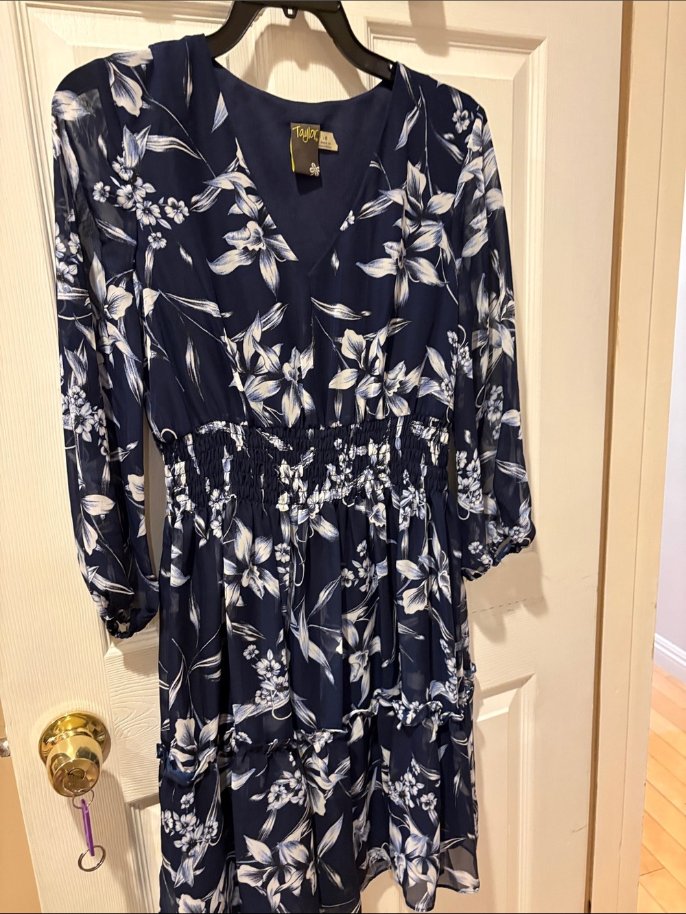 Taylor Navy and White Floral V-Neck Tiered Dress